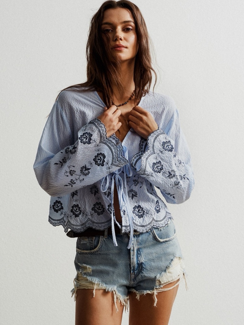 🩵Hello Gorgeous! Floral Embroidered Tie-Front Women's Top